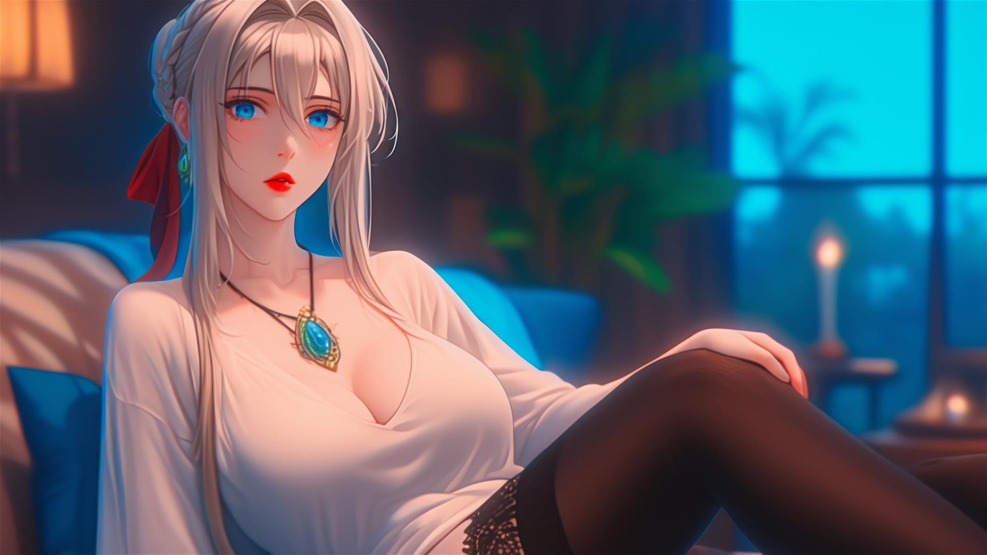 Violet Evergarden resting in apartment with moonlight glow