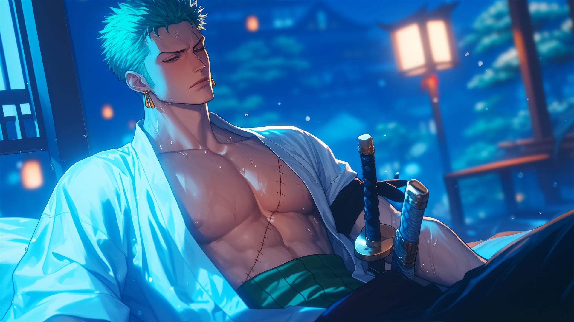 Roronoa Zoro resting in apartment under moonlight