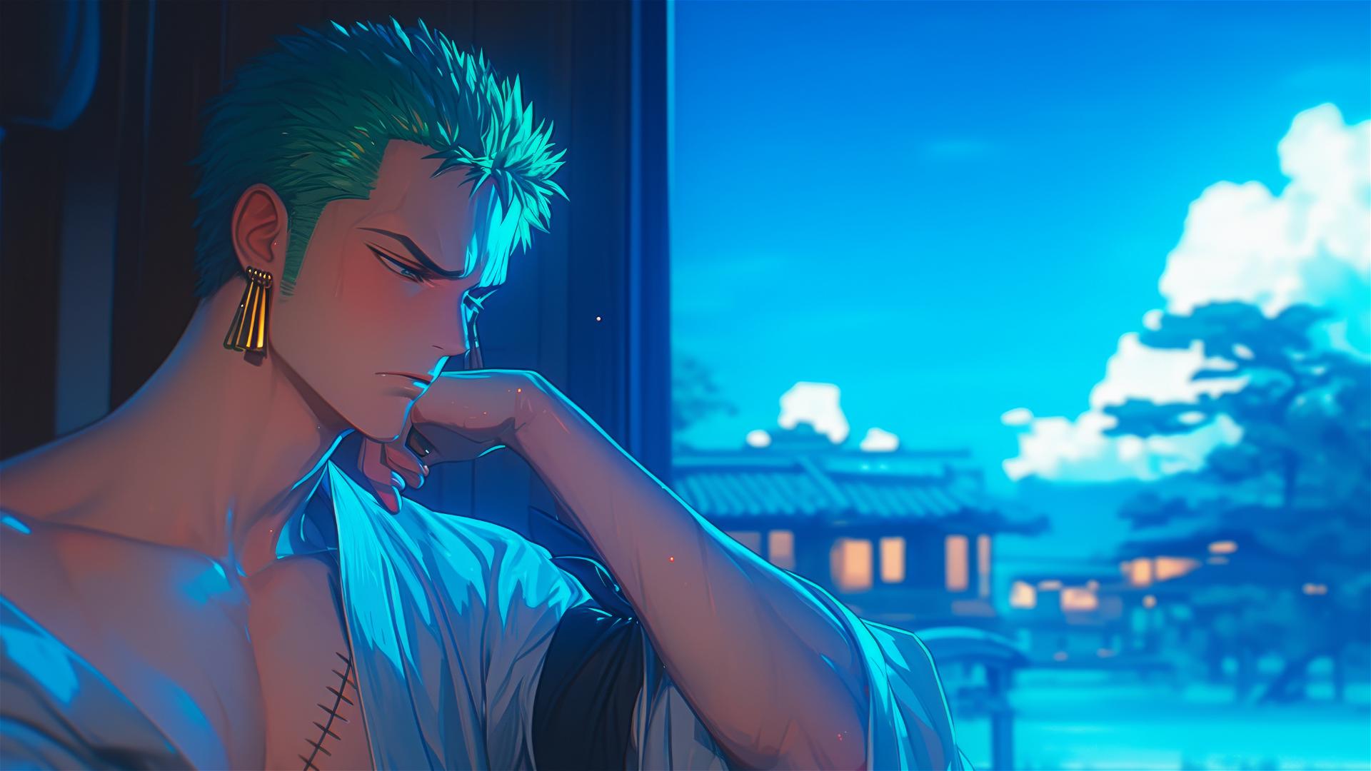 Roronoa Zoro resting in an apartment under moonlit glow