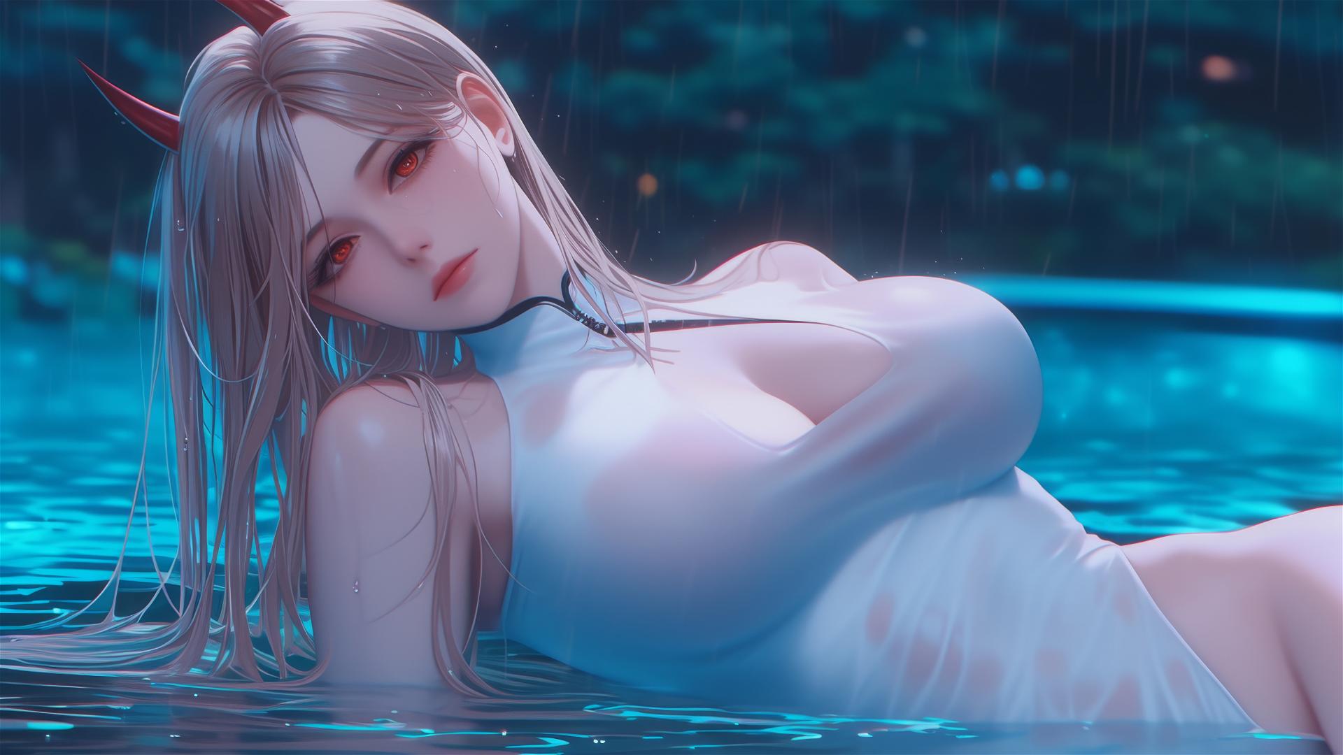 Power from Chainsaw Man posing dynamically at a rainy swimming pool with blonde hair and light red horns
