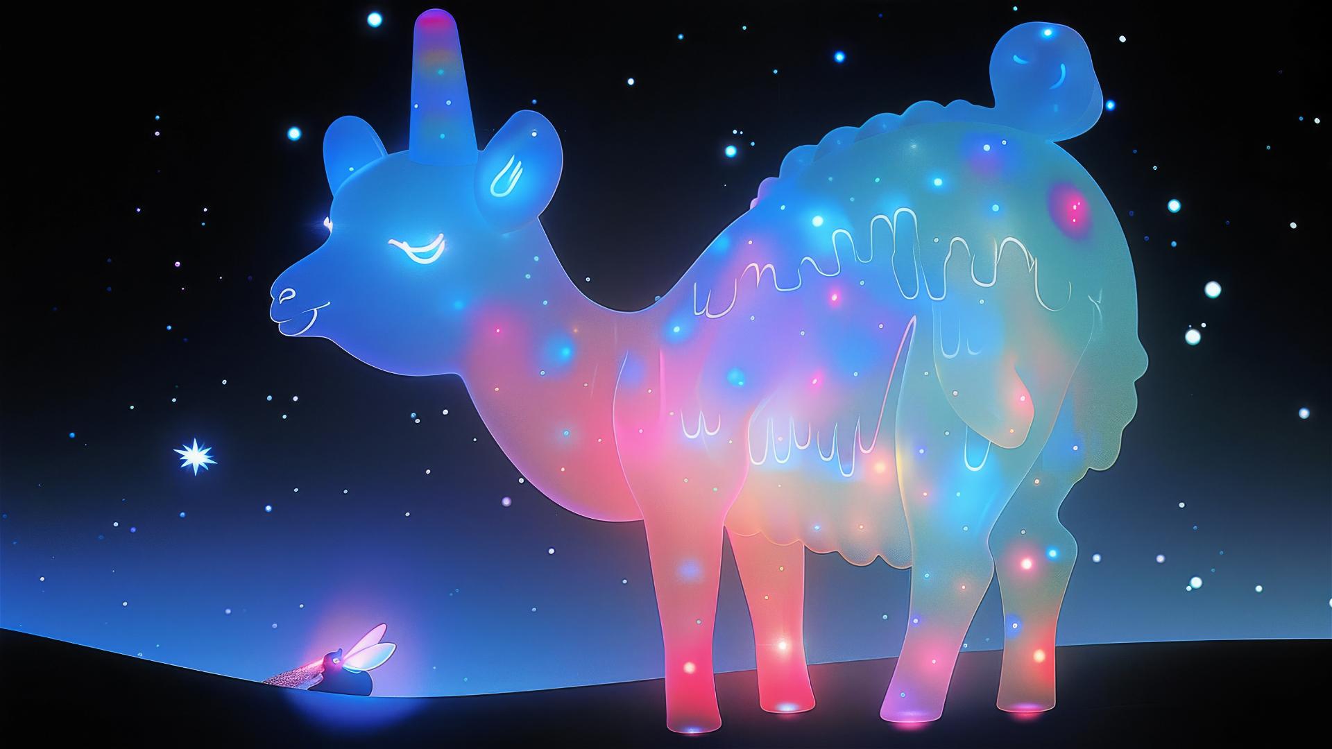 Large, transparent llama looking down at a tiny, glowing firefly on its leg