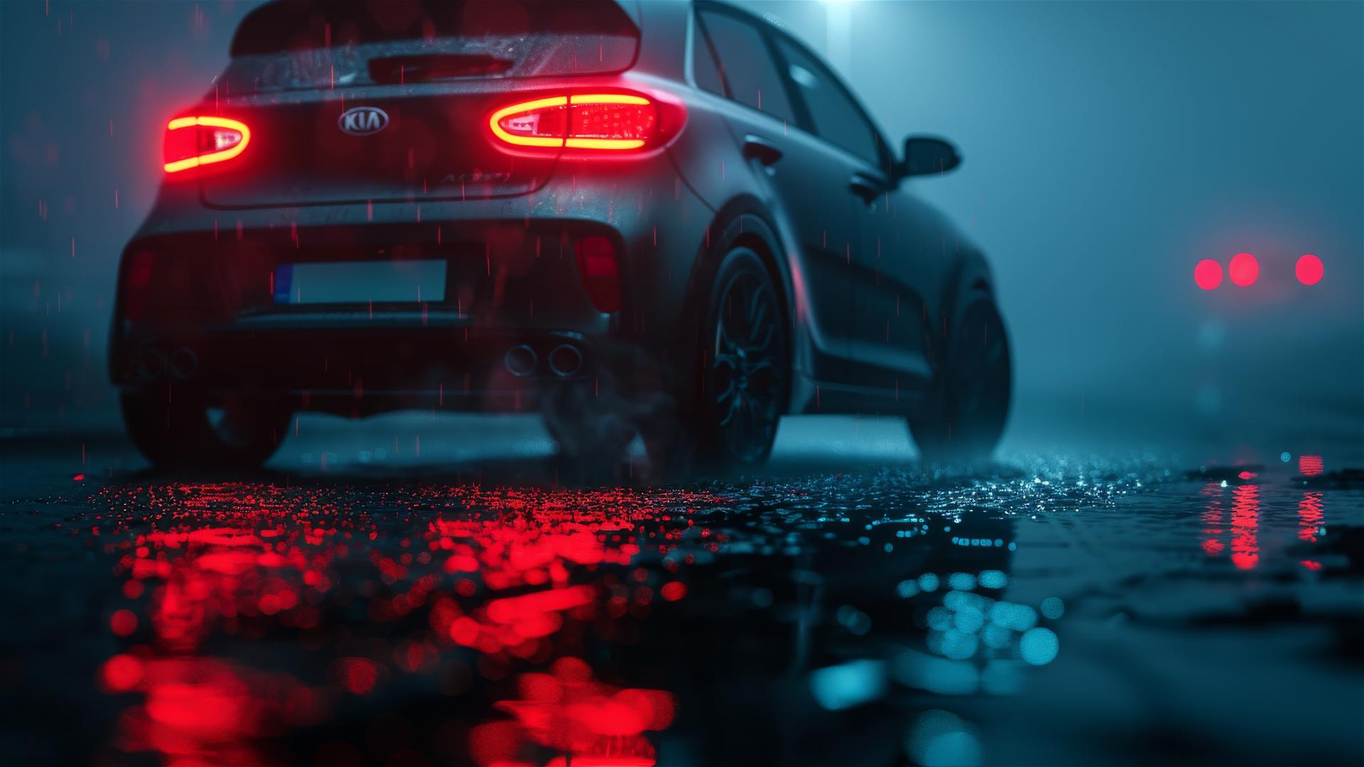 Closeup of a Kia Rio in dim, foggy gothic setting