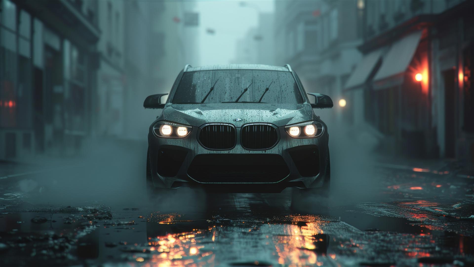 Gothic gloomy BMW X1 in dim lighting with a closeup view in foggy conditions