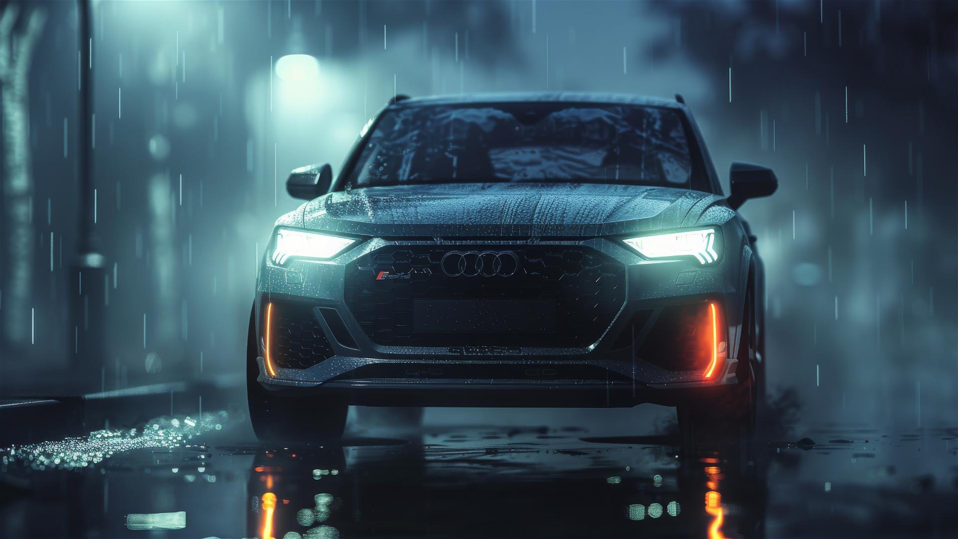 Closeup view of a photorealistic Audi Q3 in dim lighting with a gothic gloomy backdrop in high 8k resolution under foggy conditions