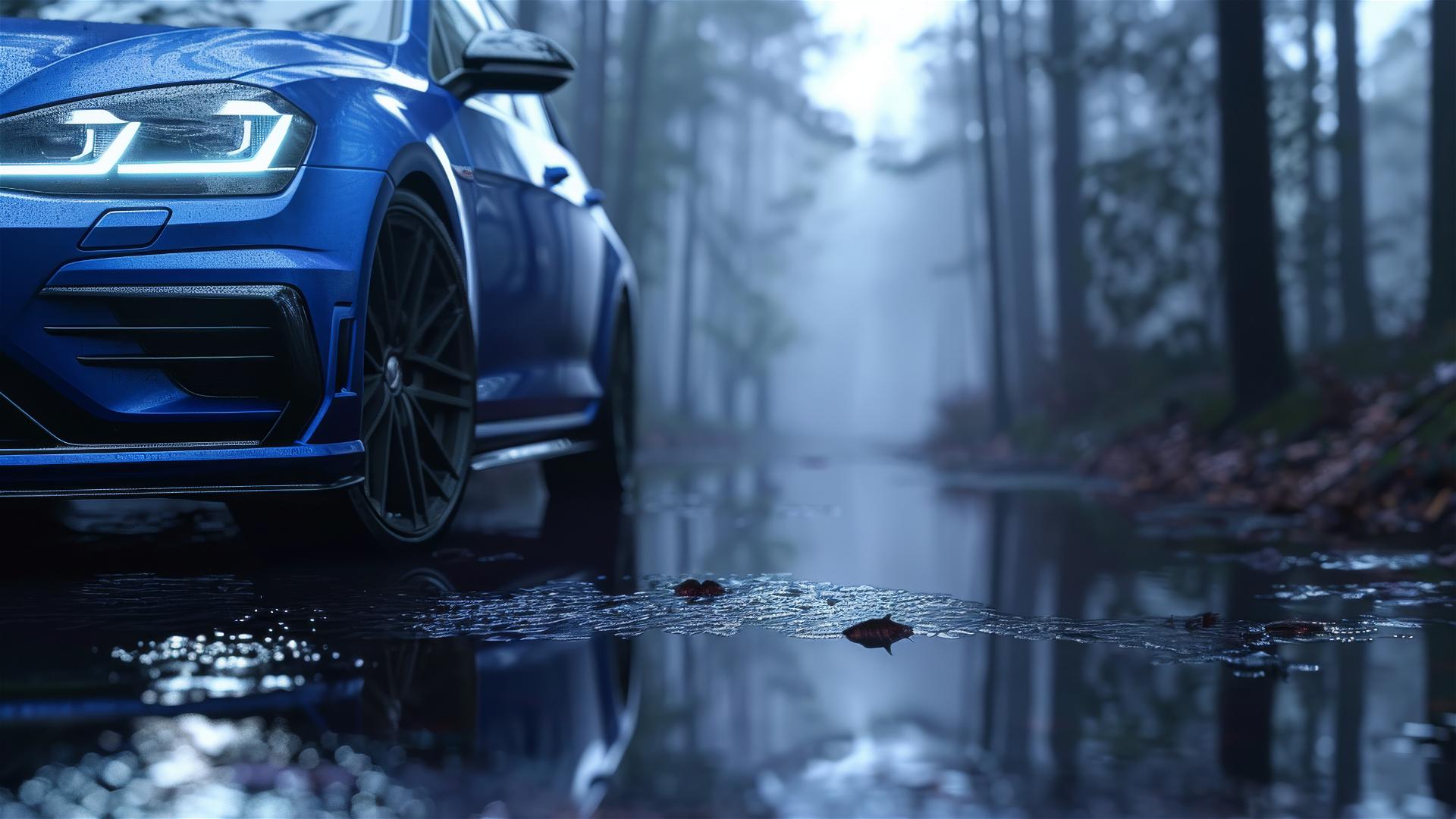 Photorealistic closeup of a Volkswagen Golf R in dim, foggy, gothic setting