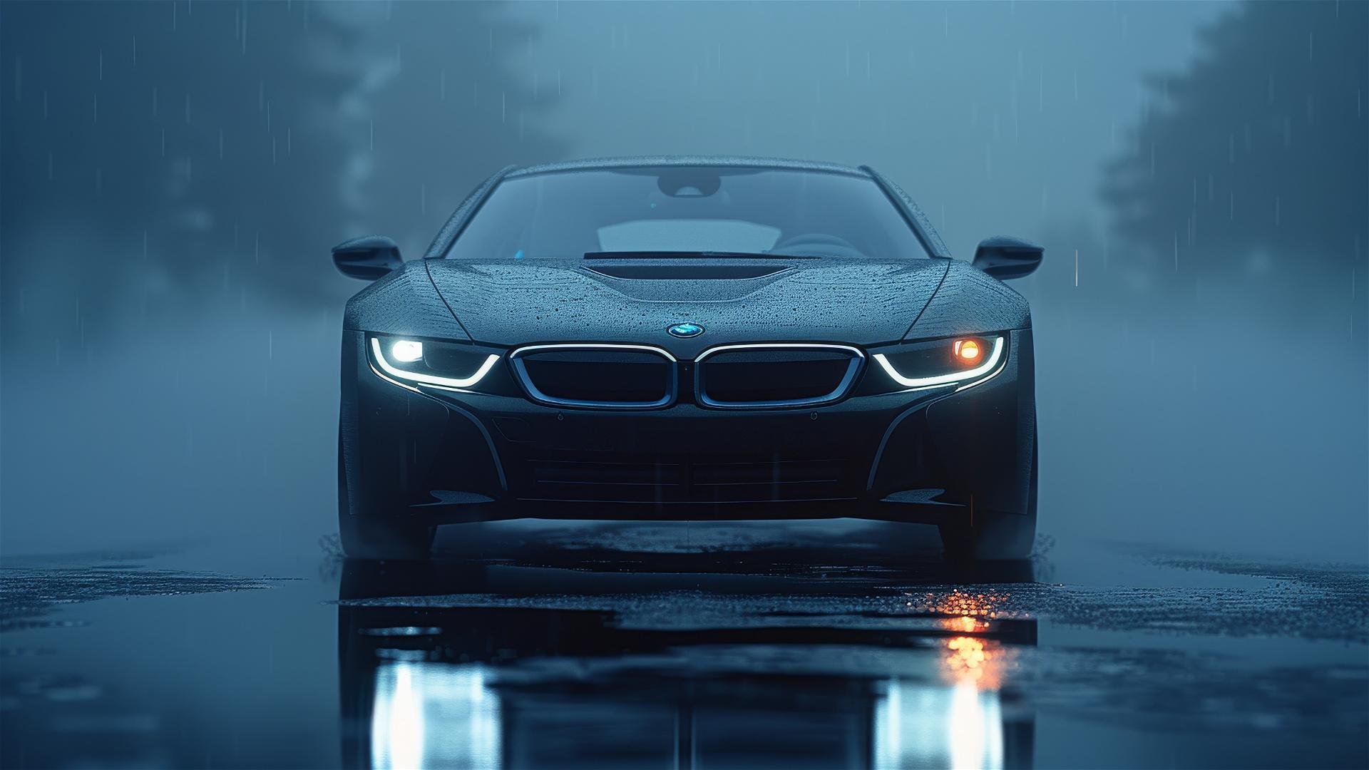 BMW i8 in dim lighting with a gothic gloomy mood, close-up view, photorealistic