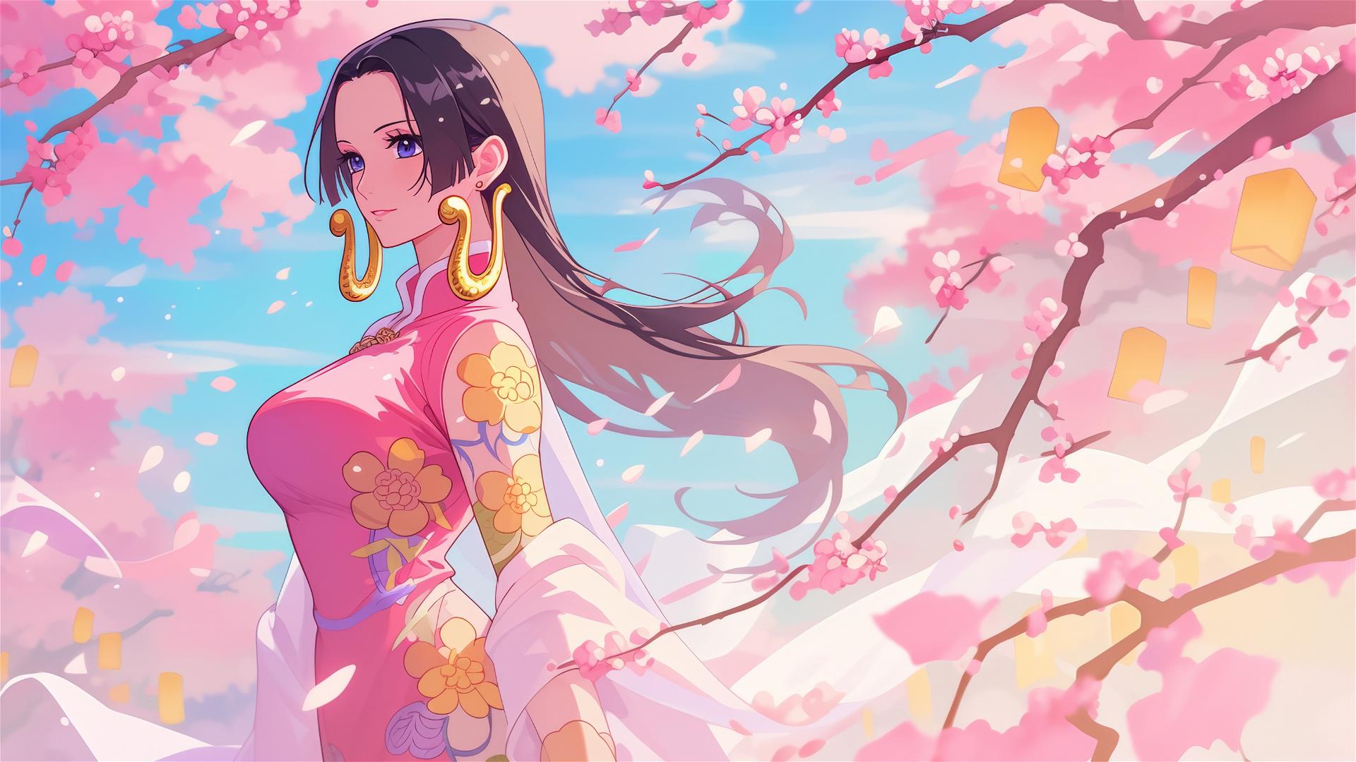 Boa Hancock from One Piece at a cherry blossom festival under lantern light