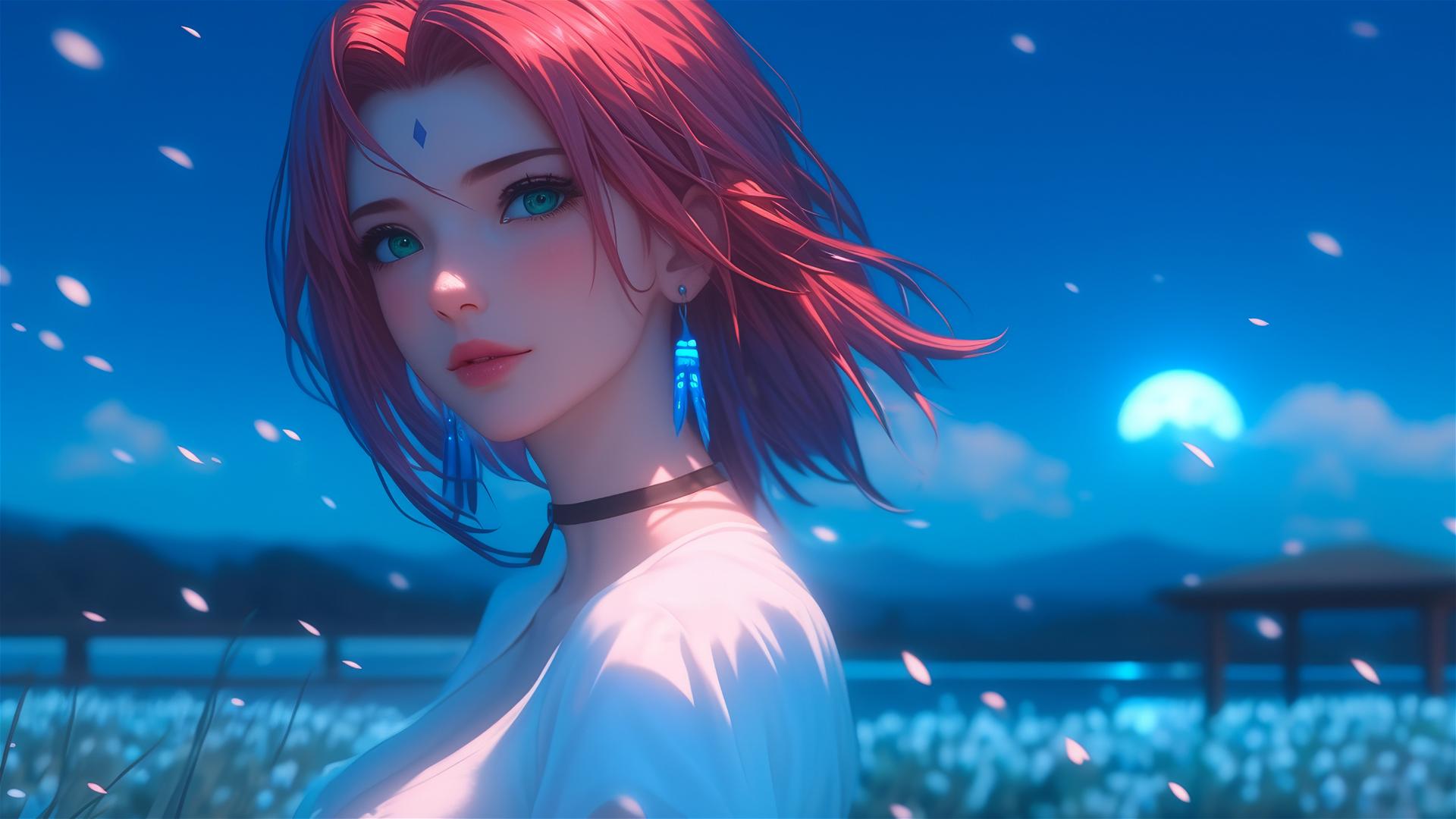 Sakura Haruno leisurely walking in blooming fields under starry night with moon glow