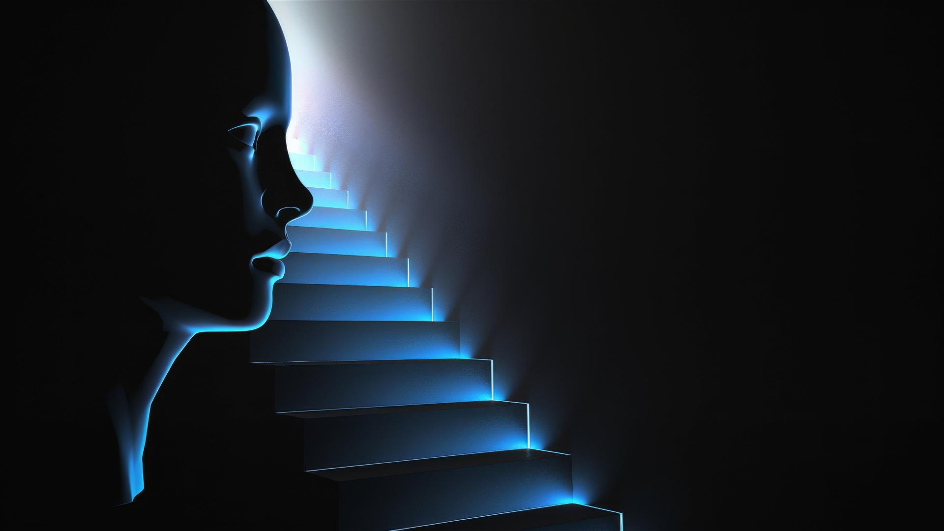 Silhouette of a head with stairs leading out, figure ascending, surreal blue-white lighting