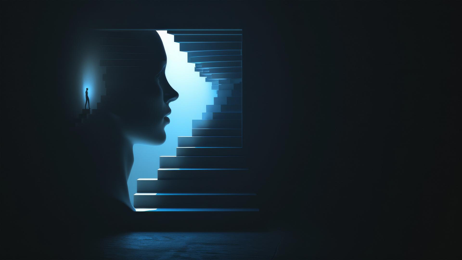 Sculptural head silhouette stairs open mind lone figure personal growth blue-white gradient