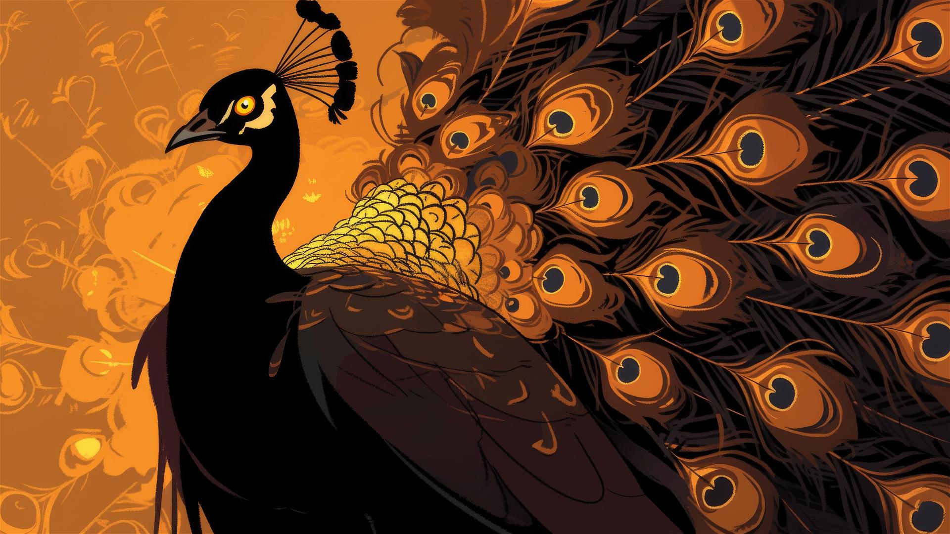 Silhouette of a peacock with fanned, shimmering feathers in dim light