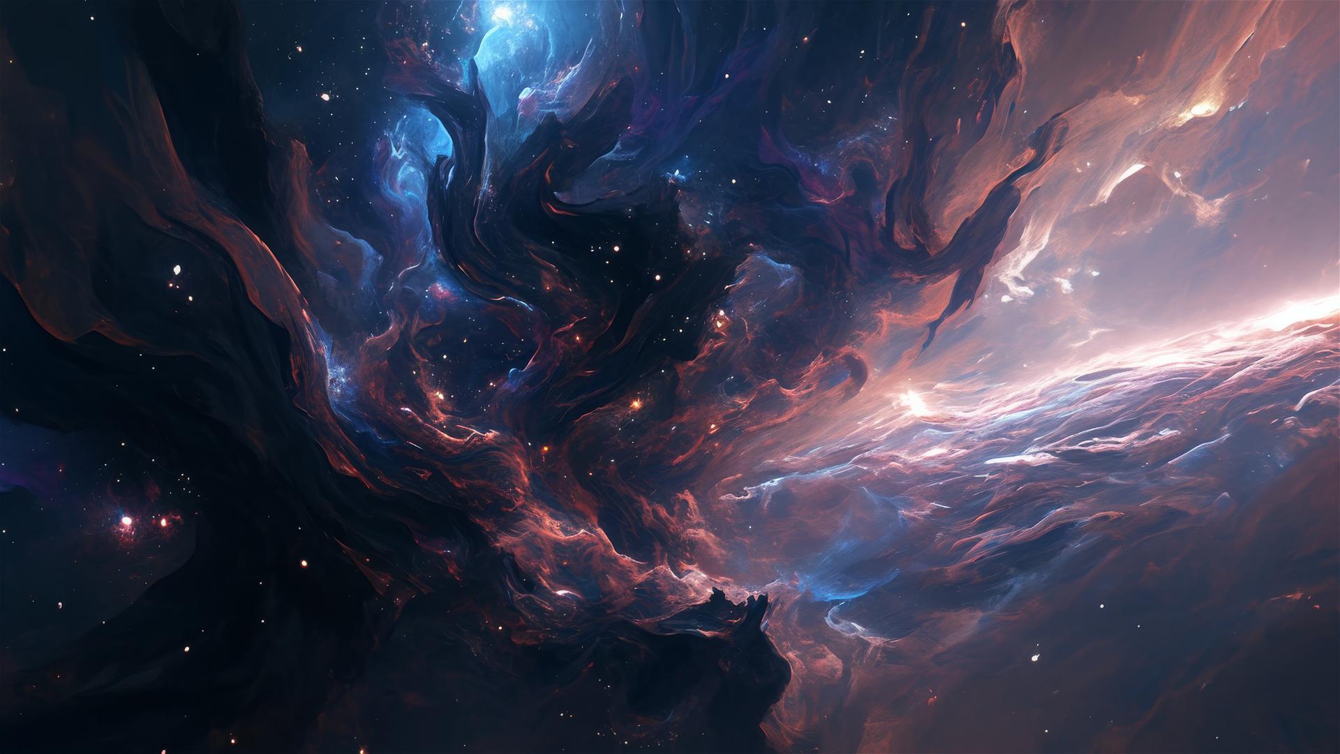 Dark nebula viewed from spaceship with stars obscured by cosmic dust