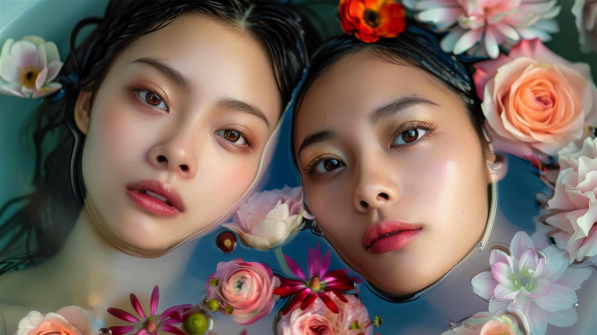 Asian women in flower tub at Chinese spa