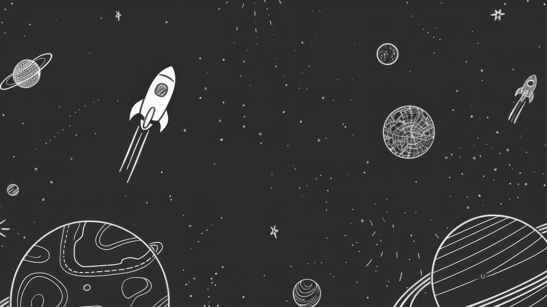 Black background featuring line elements of spaceships, moons, planets at edges with central white space