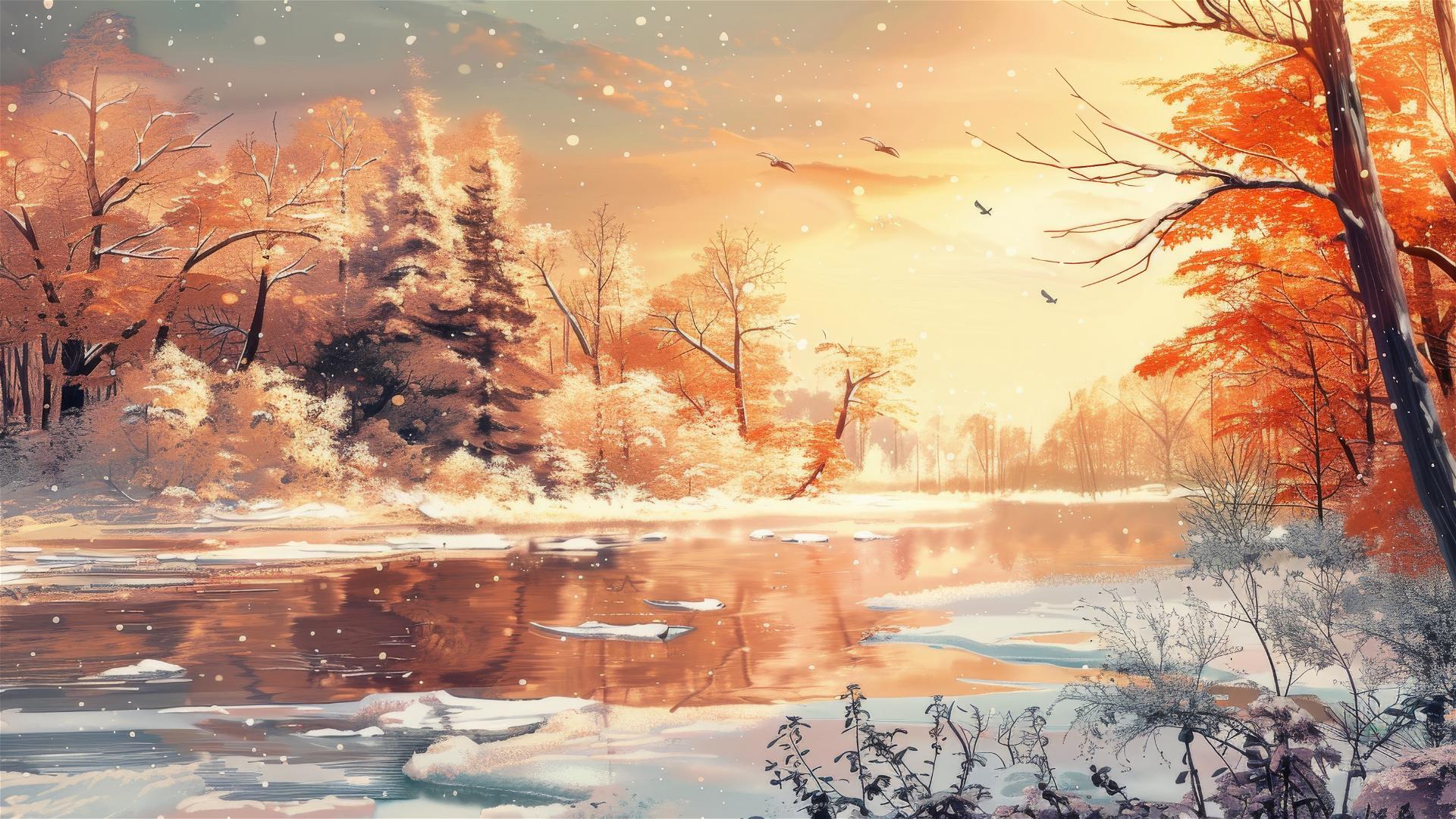 Photo-realistic lake landscape with realistic bird paintings in light orange, beige, and sky-blue hues