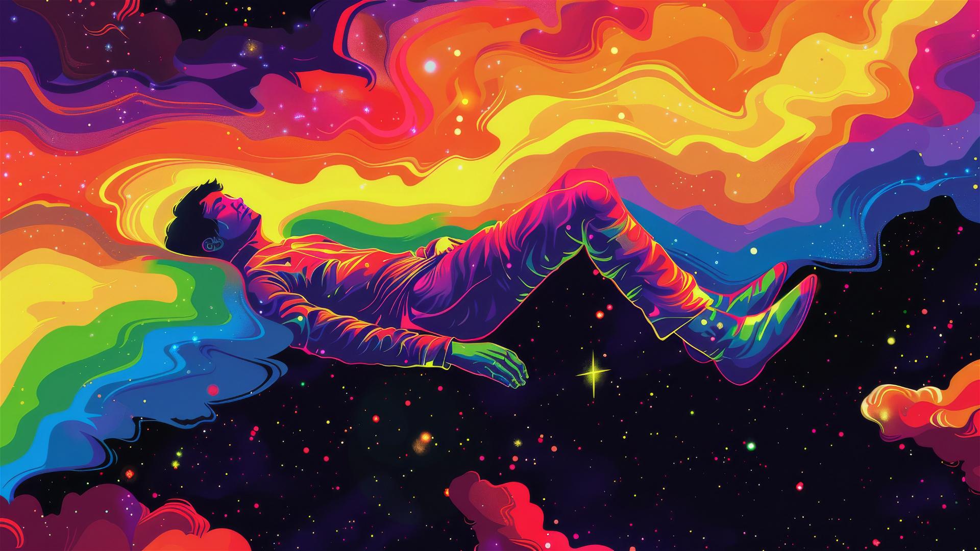 Man floats in neon rainbow space, minimal and psychedelic.
