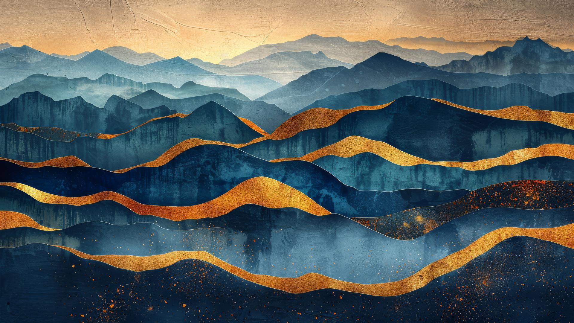 Gold, black, and blue mountains with golden waterfalls in freehand style
