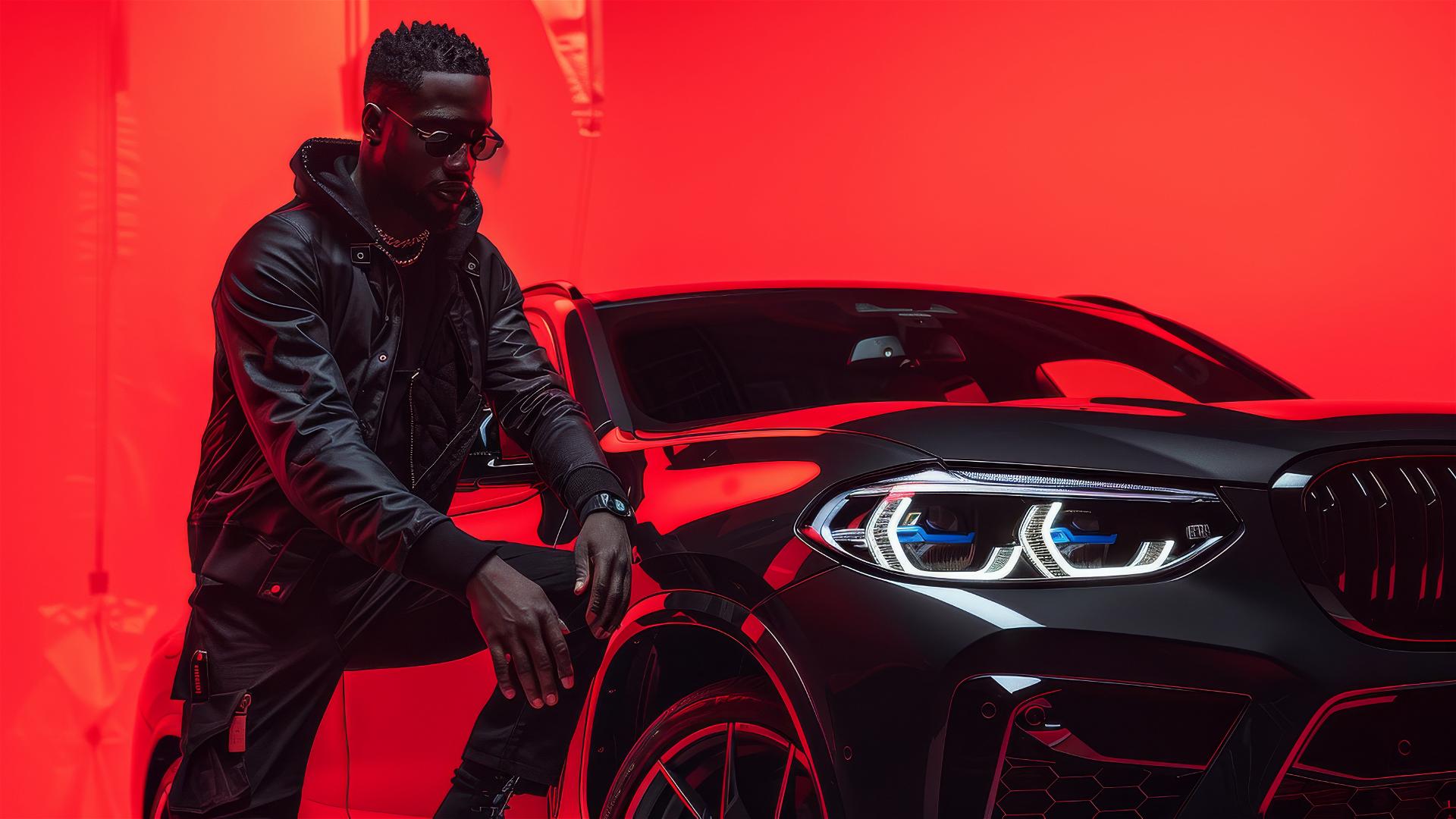 Balenciaga model on BMW X4M concept car, fisheye angle, red background