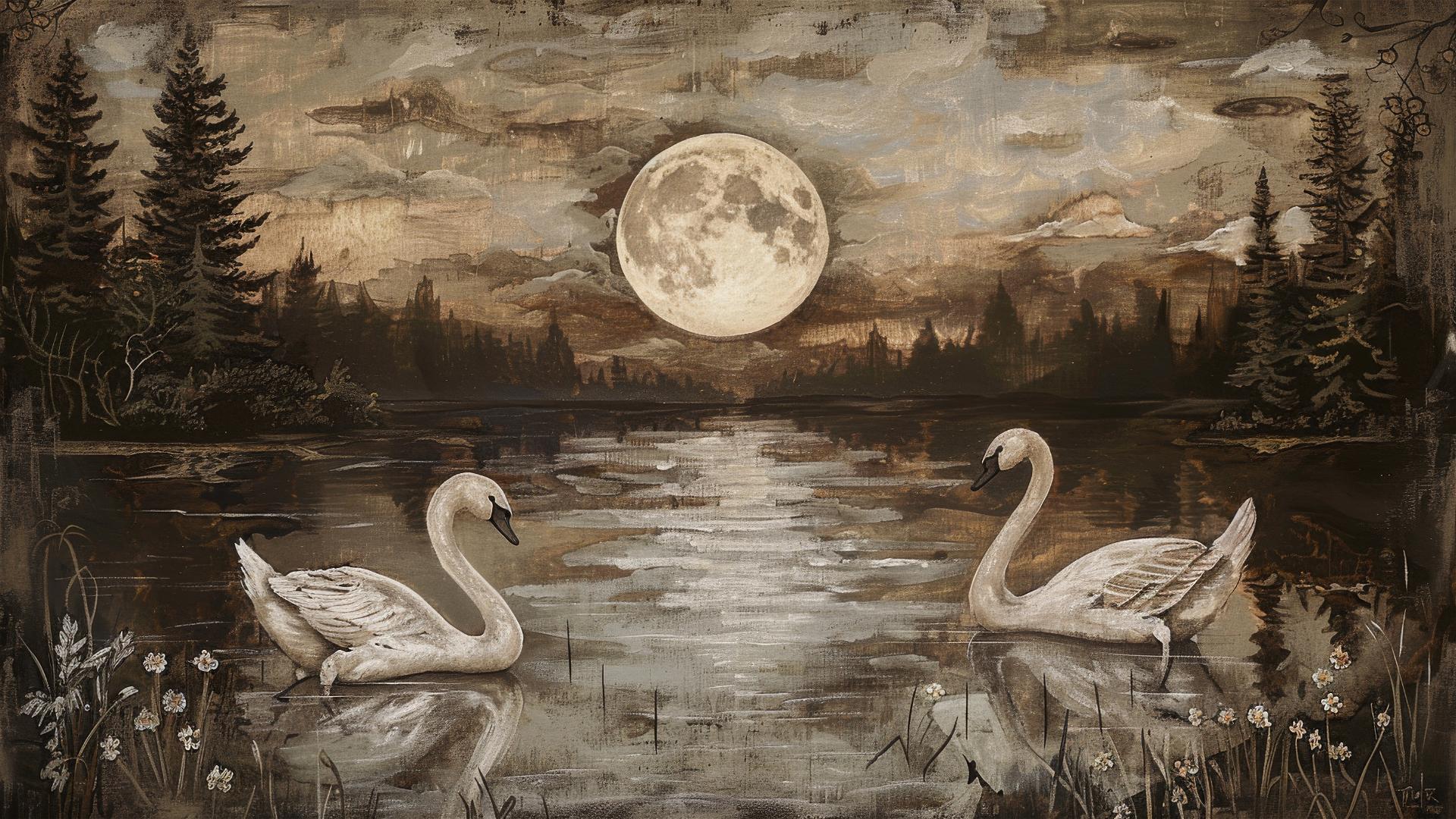 Two swans at a moonlit forest lake with a vintage Bohemian aesthetic.