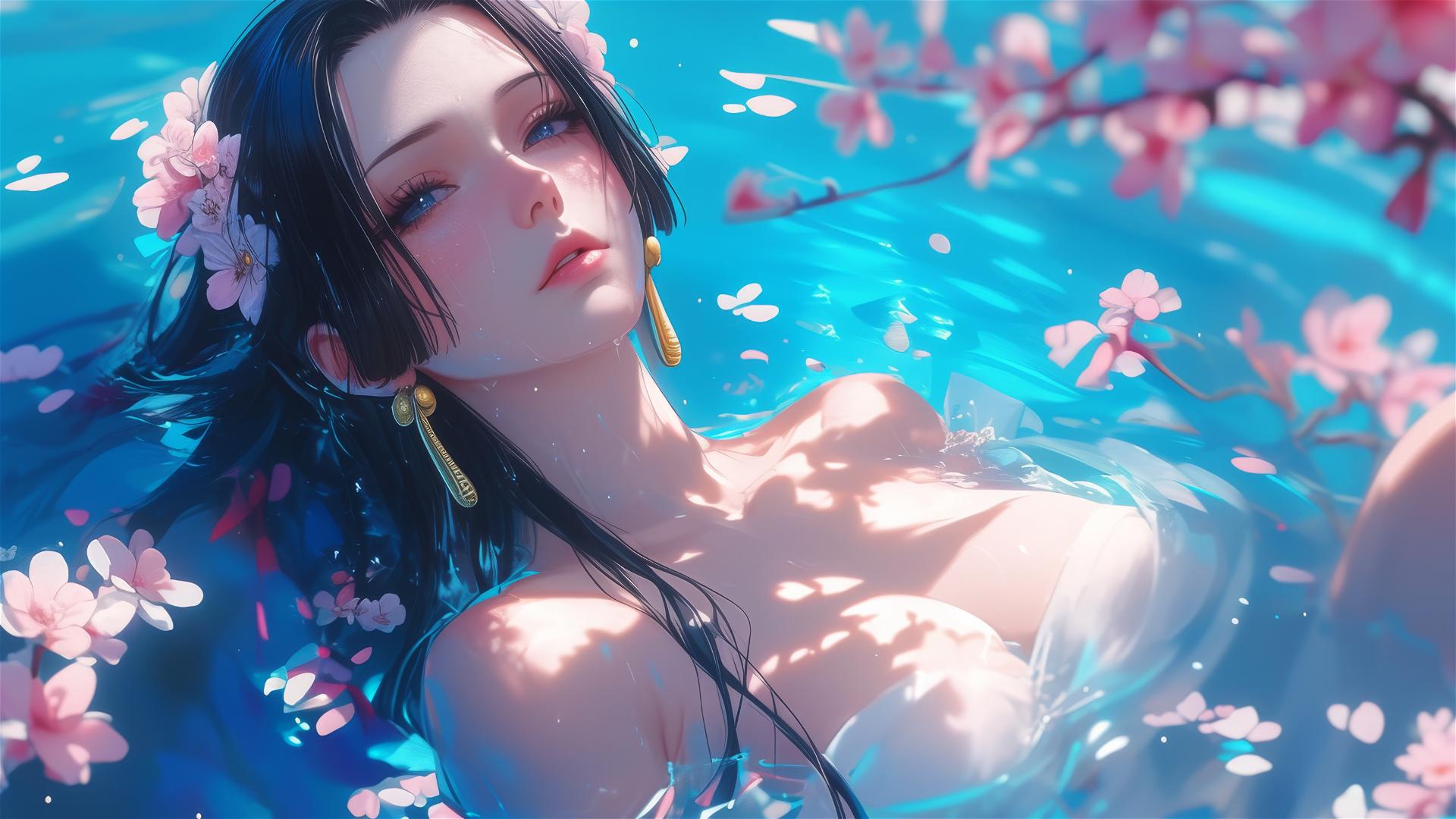 Boa Hancock from One Piece in a flower-filled tub inside a Chinese spa