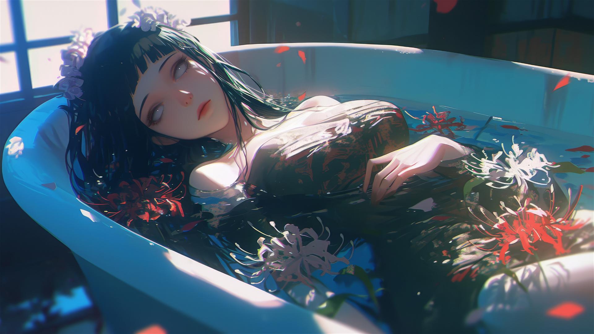 Hinata Hyuga with white eyes in a flower-filled tub at a Chinese spa.