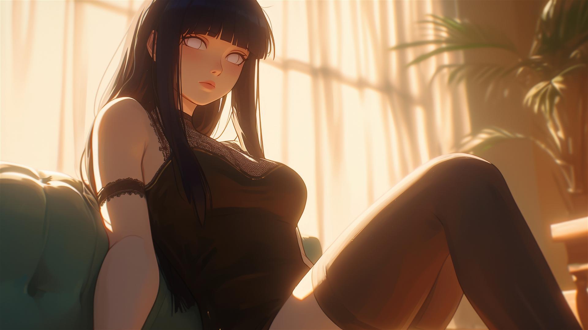 Hinata Hyuga from Naruto sitting in a modern hotel with warm light and white eyes.