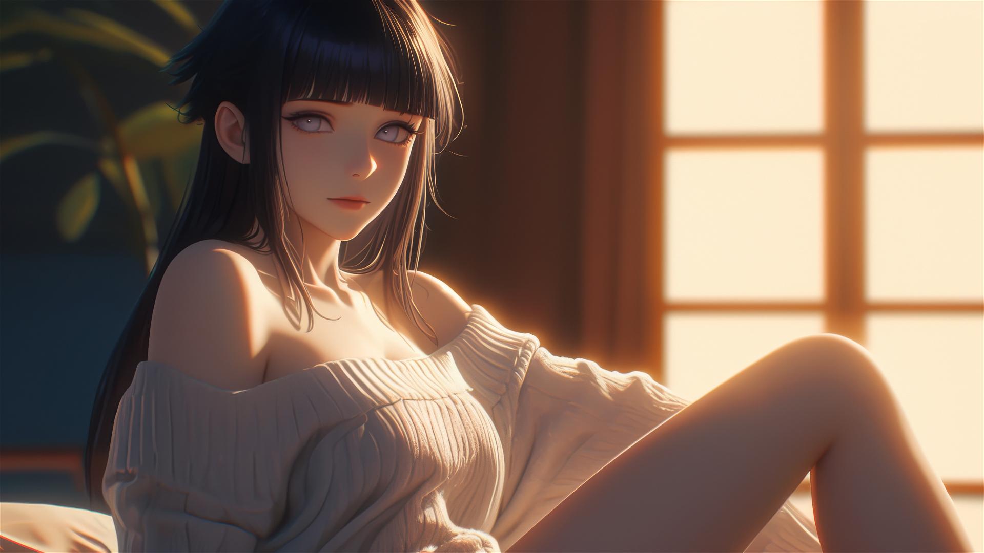 Hinata Hyuga from Naruto sitting in a modern hotel with warm lighting
