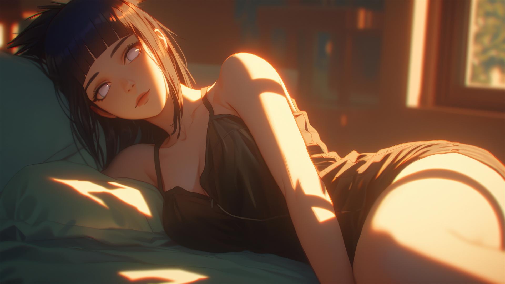 Hinata Hyuga from Naruto resting in a modern hotel with warm light