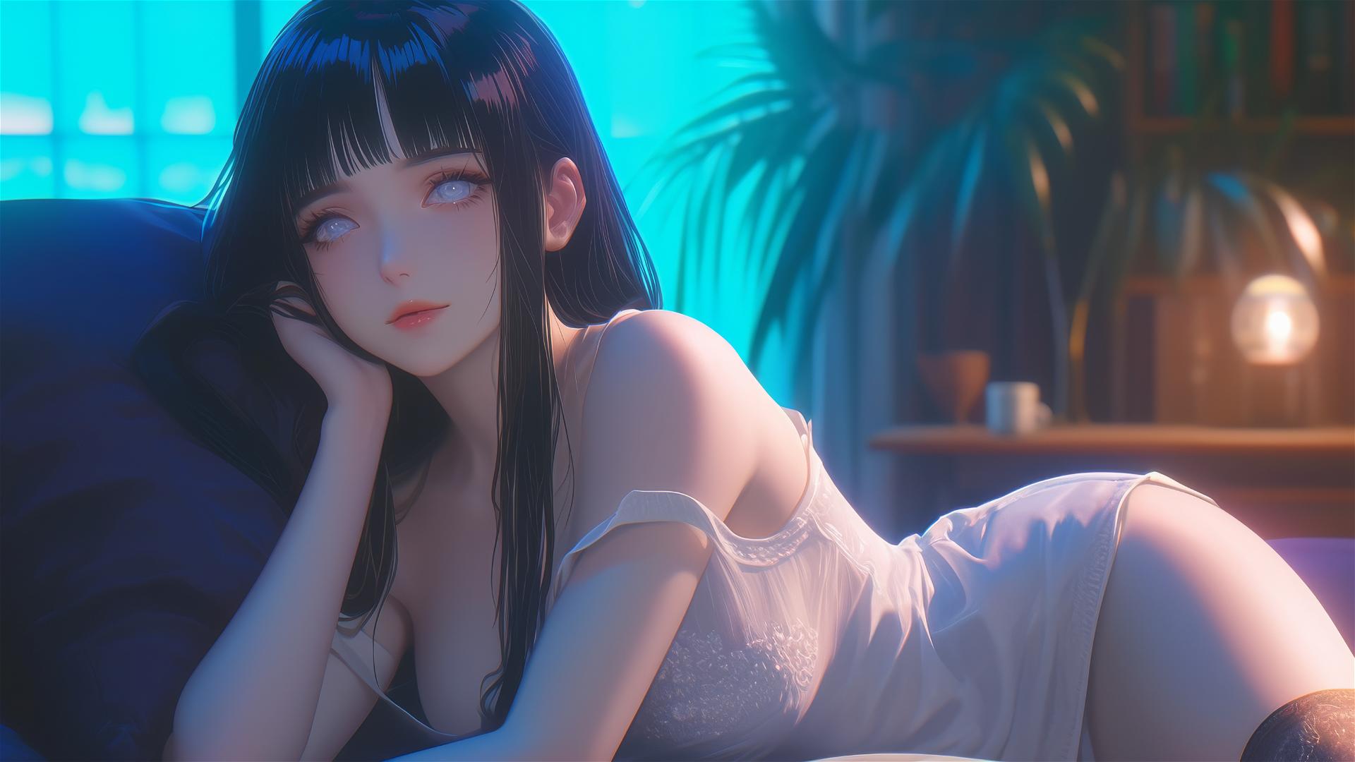 Hinata Hyuga relaxing at a modern hotel with warm light