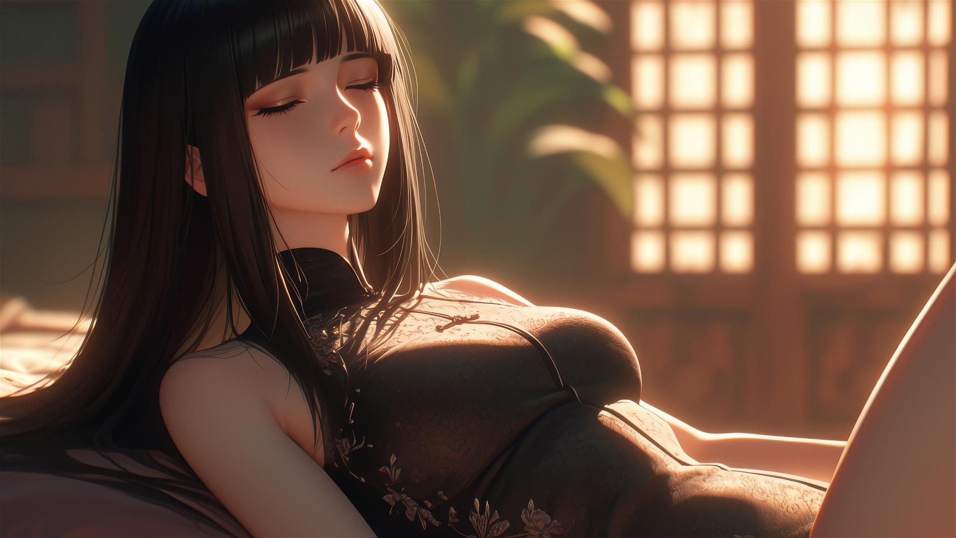 Hinata Hyuga resting in a modern hotel with warm light and white eyes.