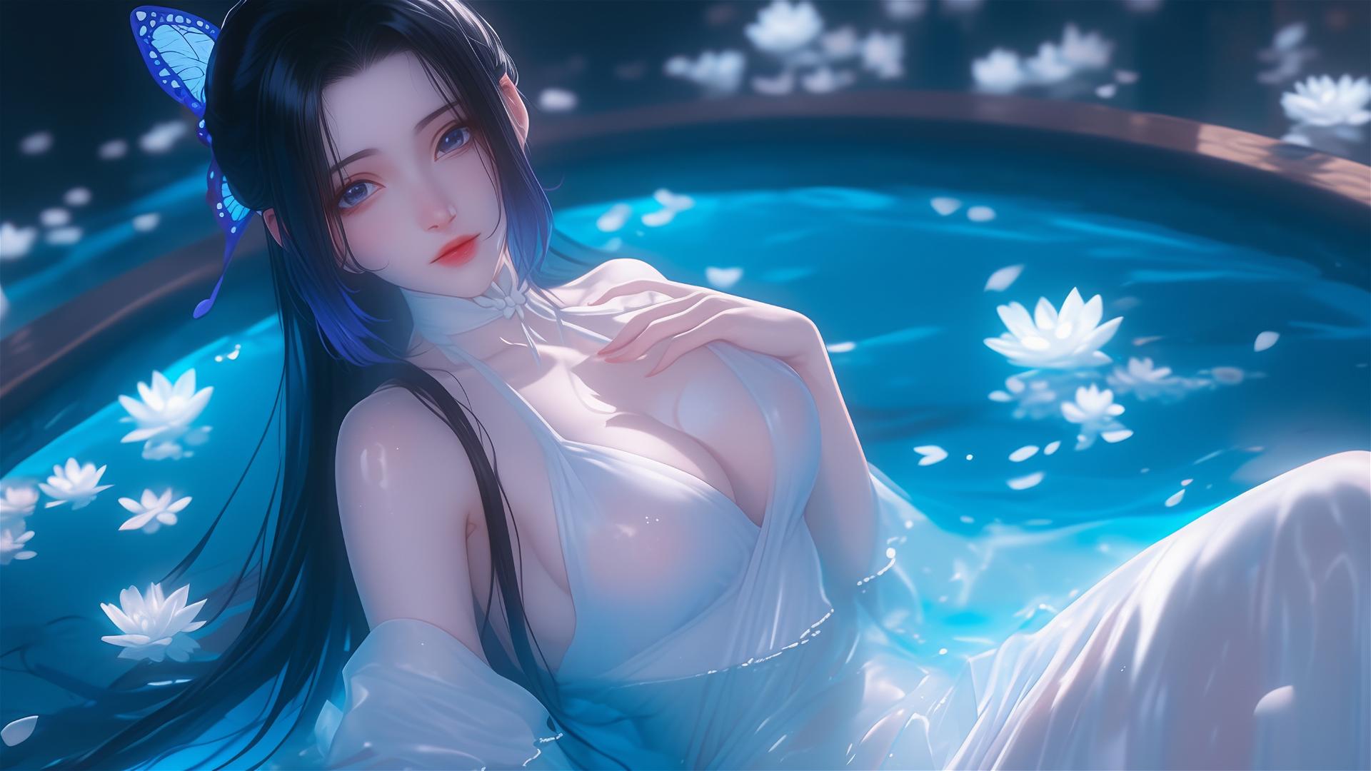 Shinobu Kocho in white dress sitting in a tub of flowers at a Chinese spa