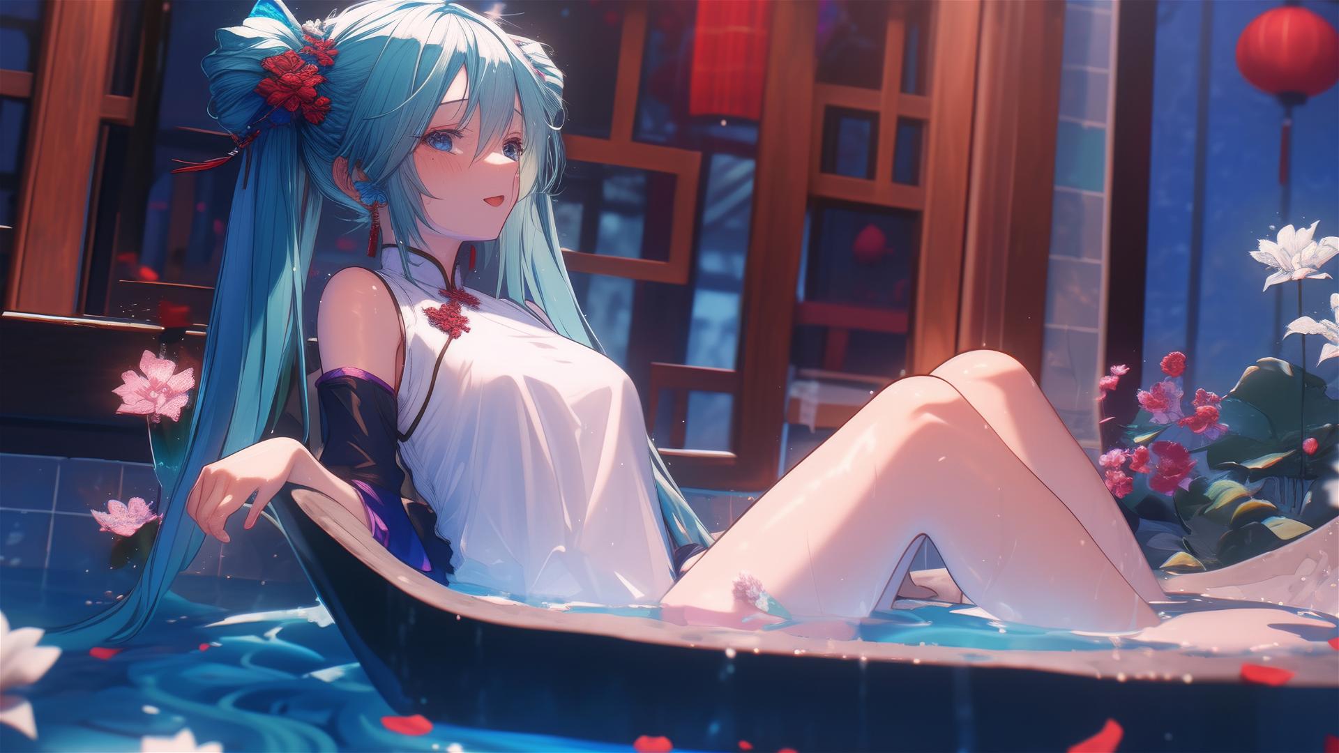 Hatsune Miku in a flower-filled tub at a Chinese spa