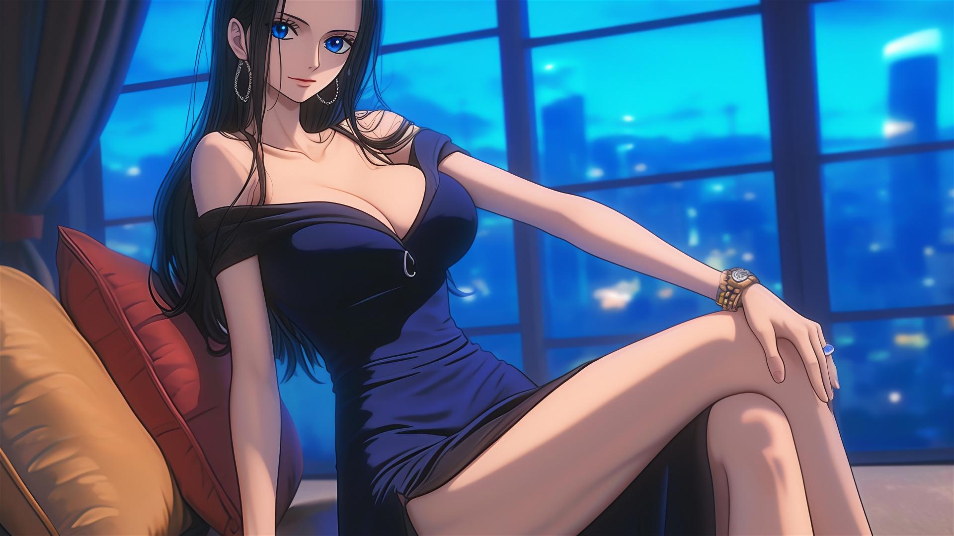 Nico Robin from One Piece relaxing in a modern hotel room with moonlight glow