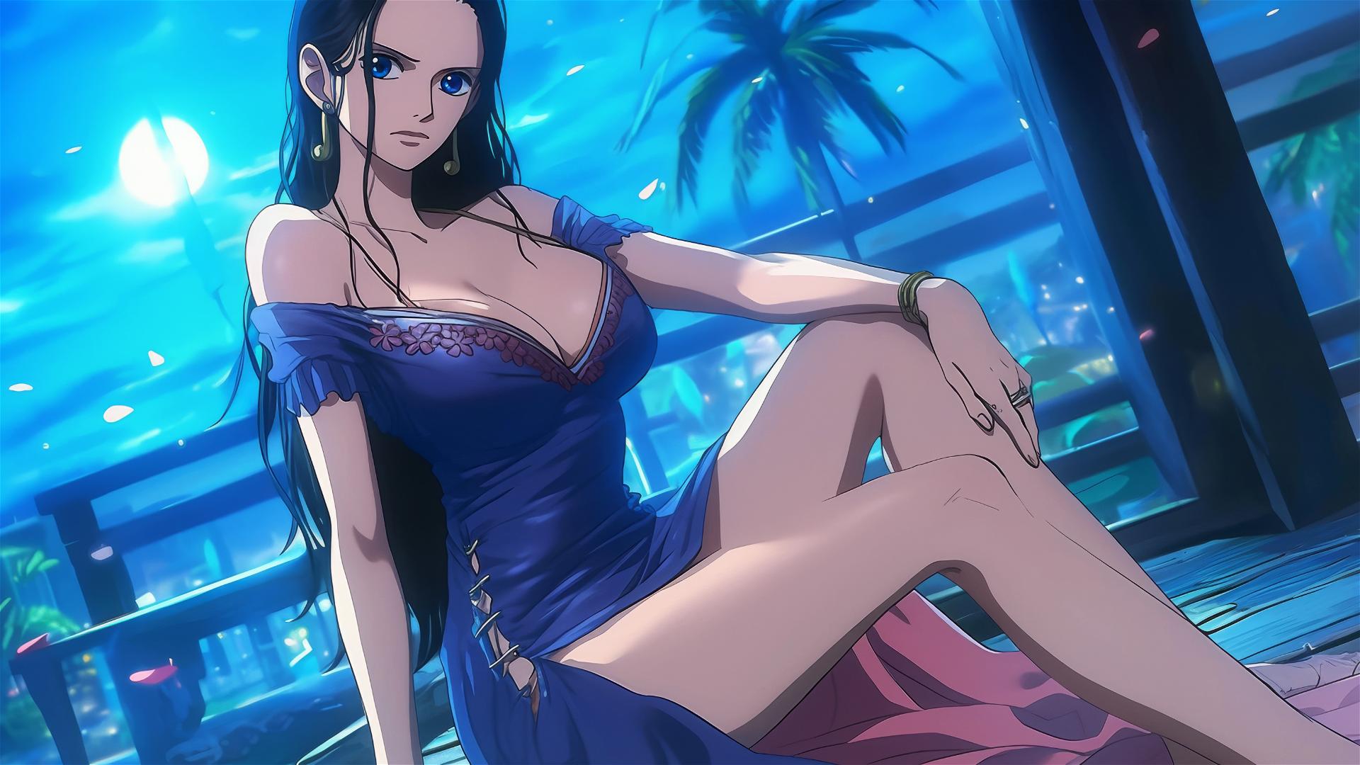 Nico Robin from One Piece resting in a modern hotel room with moonlight glow