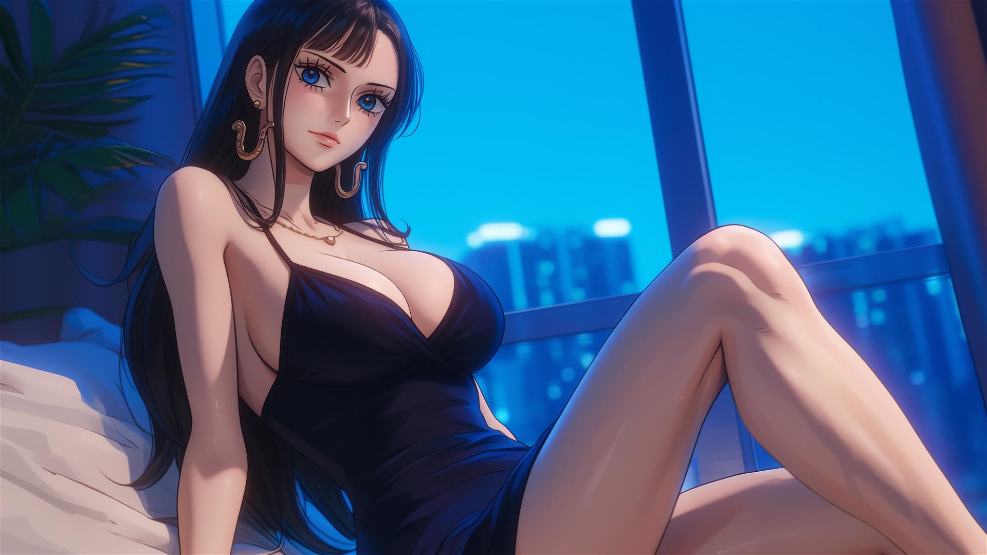 Nico Robin from One Piece resting in a modern hotel room with moonlight glow