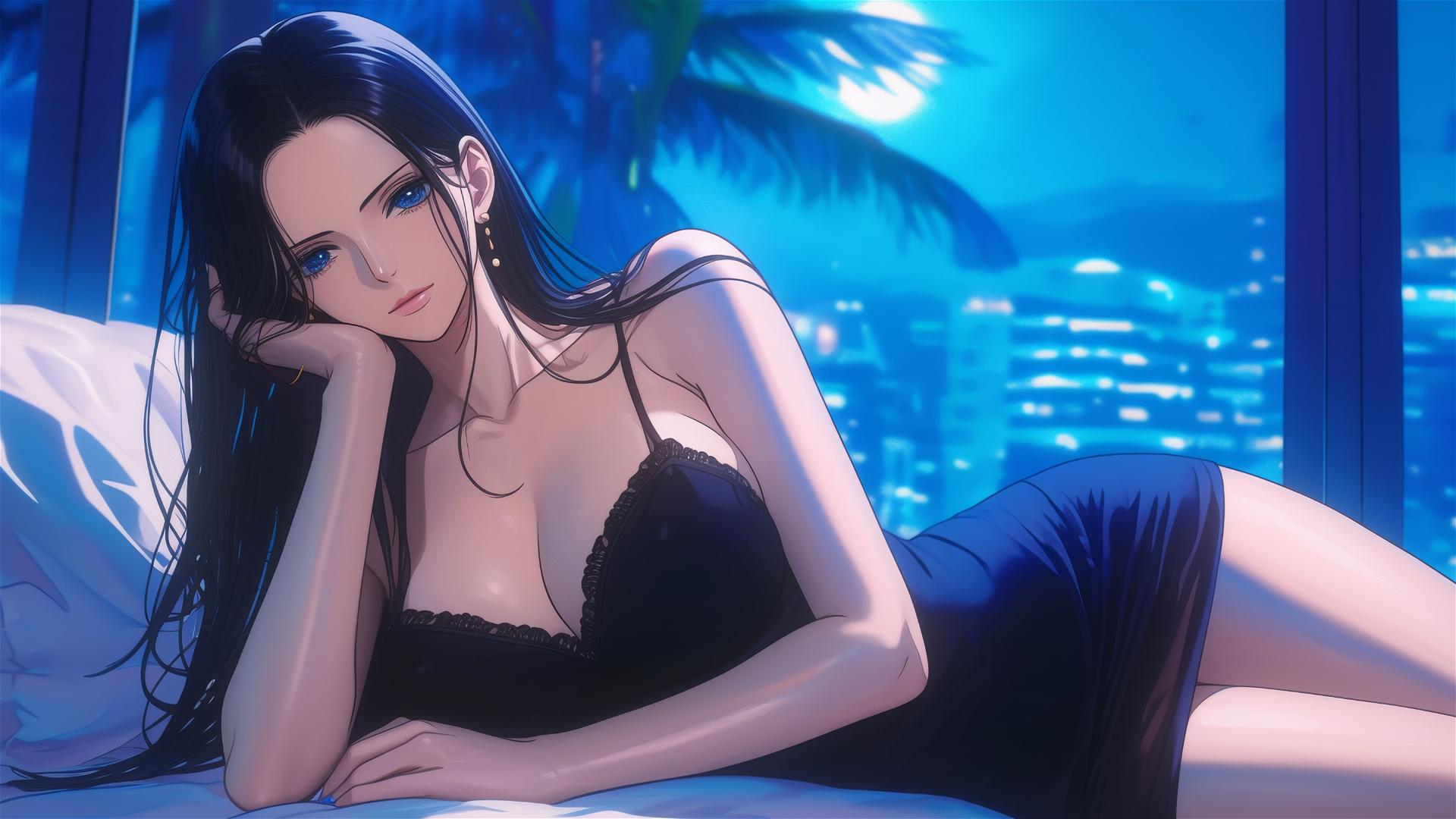 Nico Robin from One Piece resting in a modern hotel room with moonlight glow
