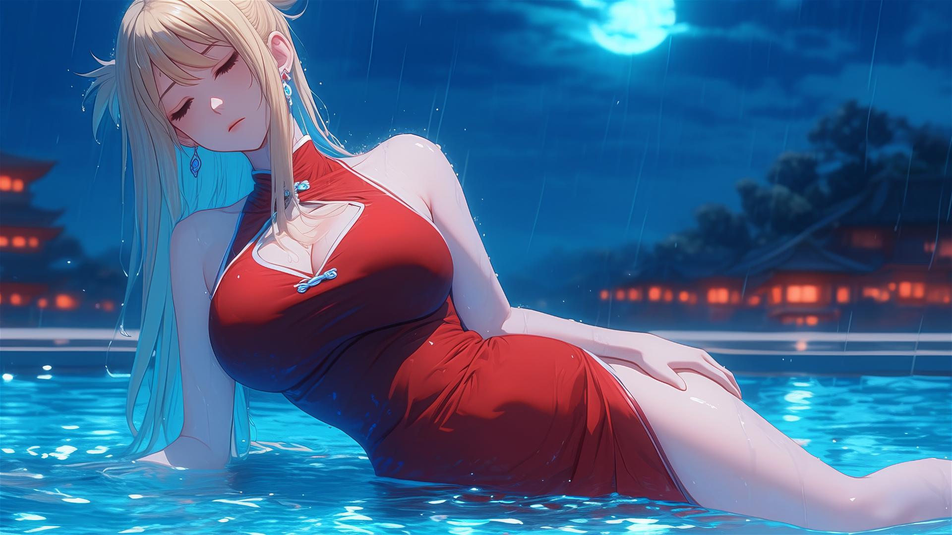 Lucy Heartfilia in a red dress resting by a raining swimming pool under moonlight