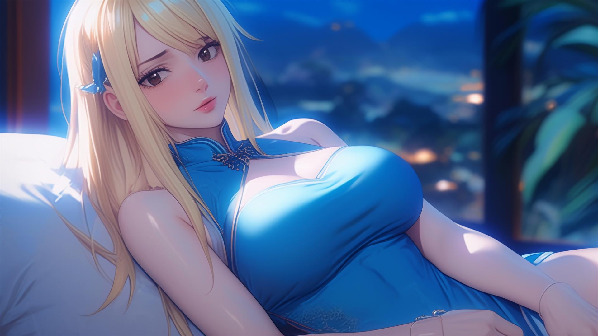 Lucy Heartfilia resting in apartment under moonlight