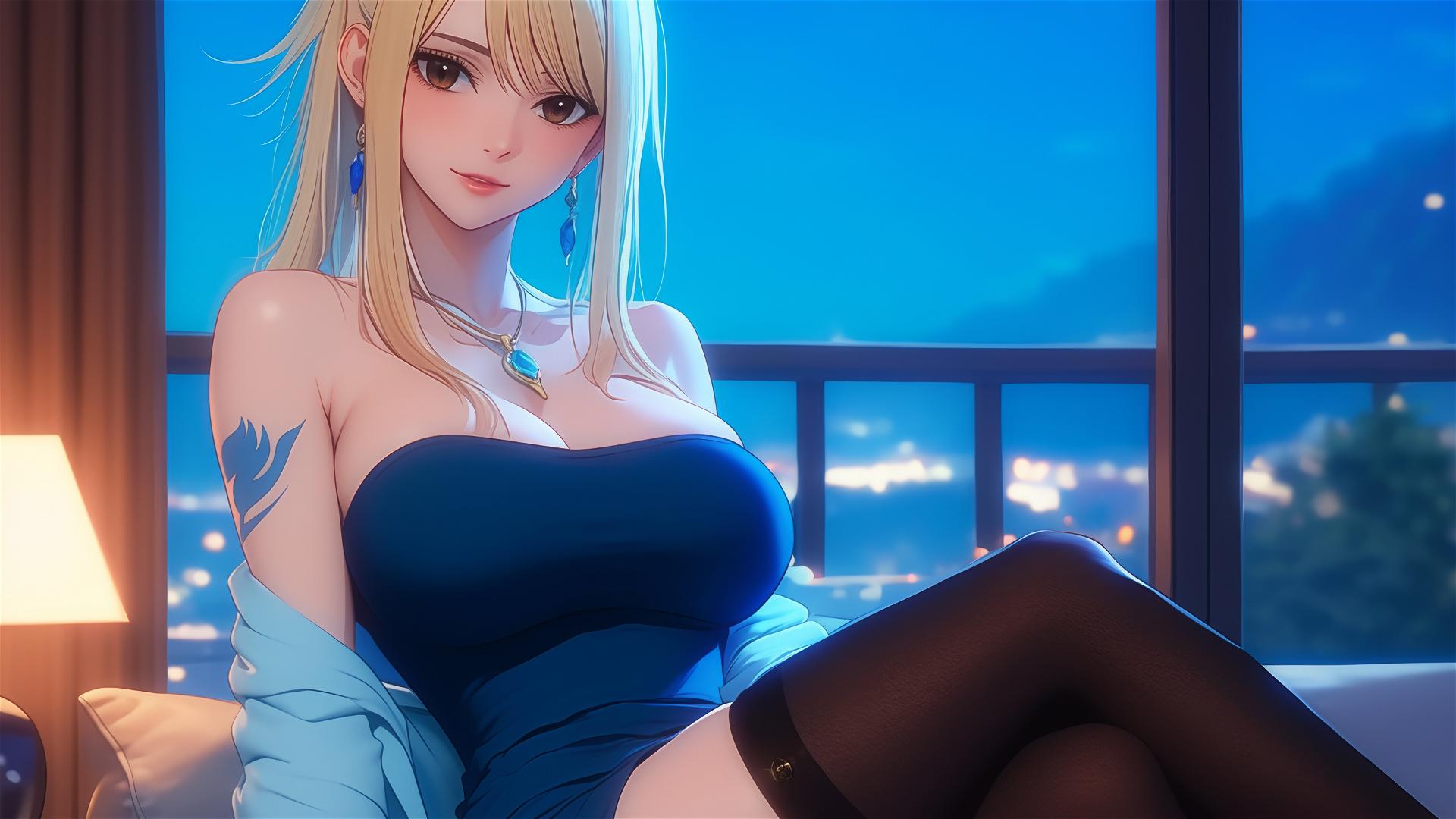 Lucy Heartfilia resting in an apartment, illuminated by moonlight