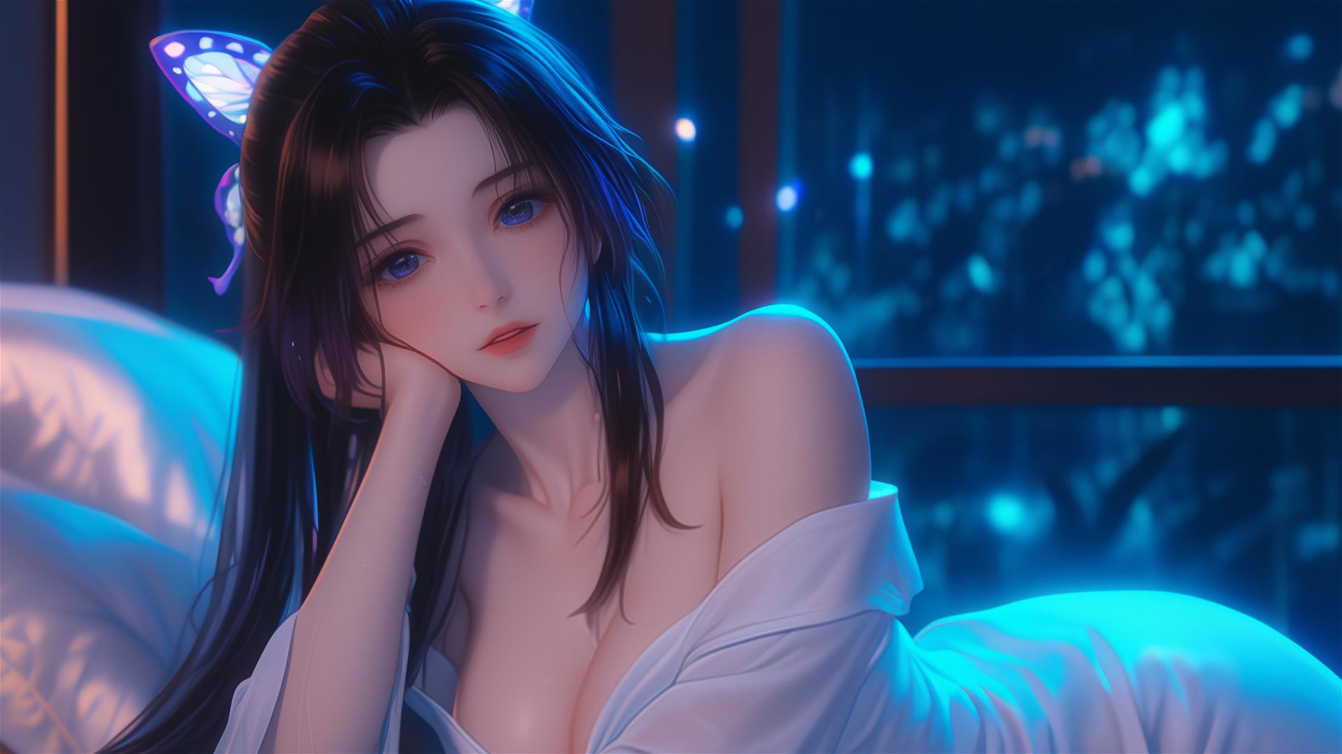 Shinobu Kocho from Demon Slayer, resting in a neon-lit modern hotel room under moonlight.