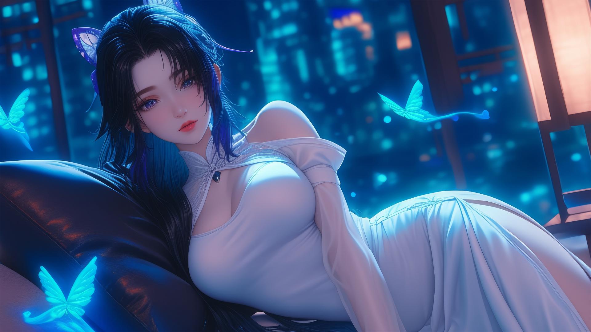 Shinobu Kocho in white dress resting in neon-lit modern hotel room, moonlight glow.