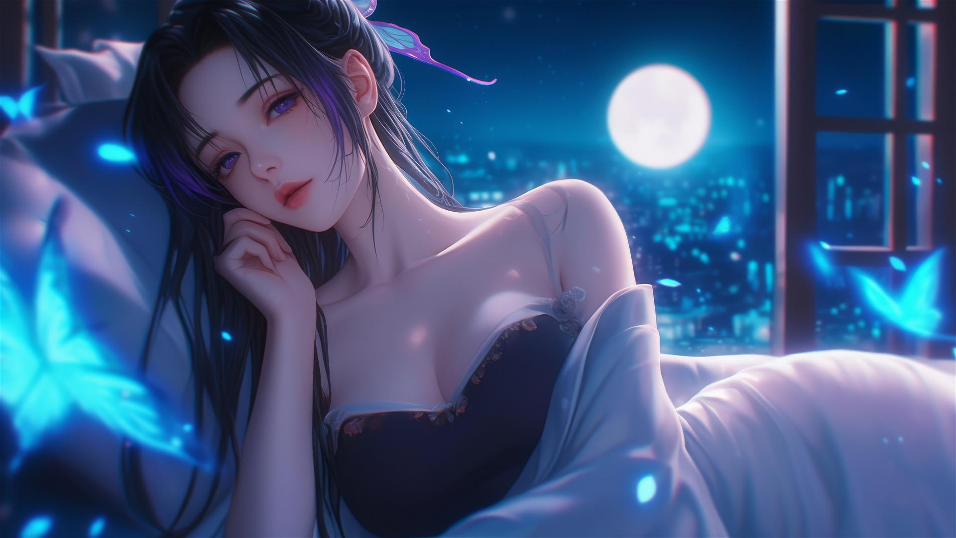 Shinobu Kocho from Demon Slayer resting in a modern hotel with neon lights and moonlight.