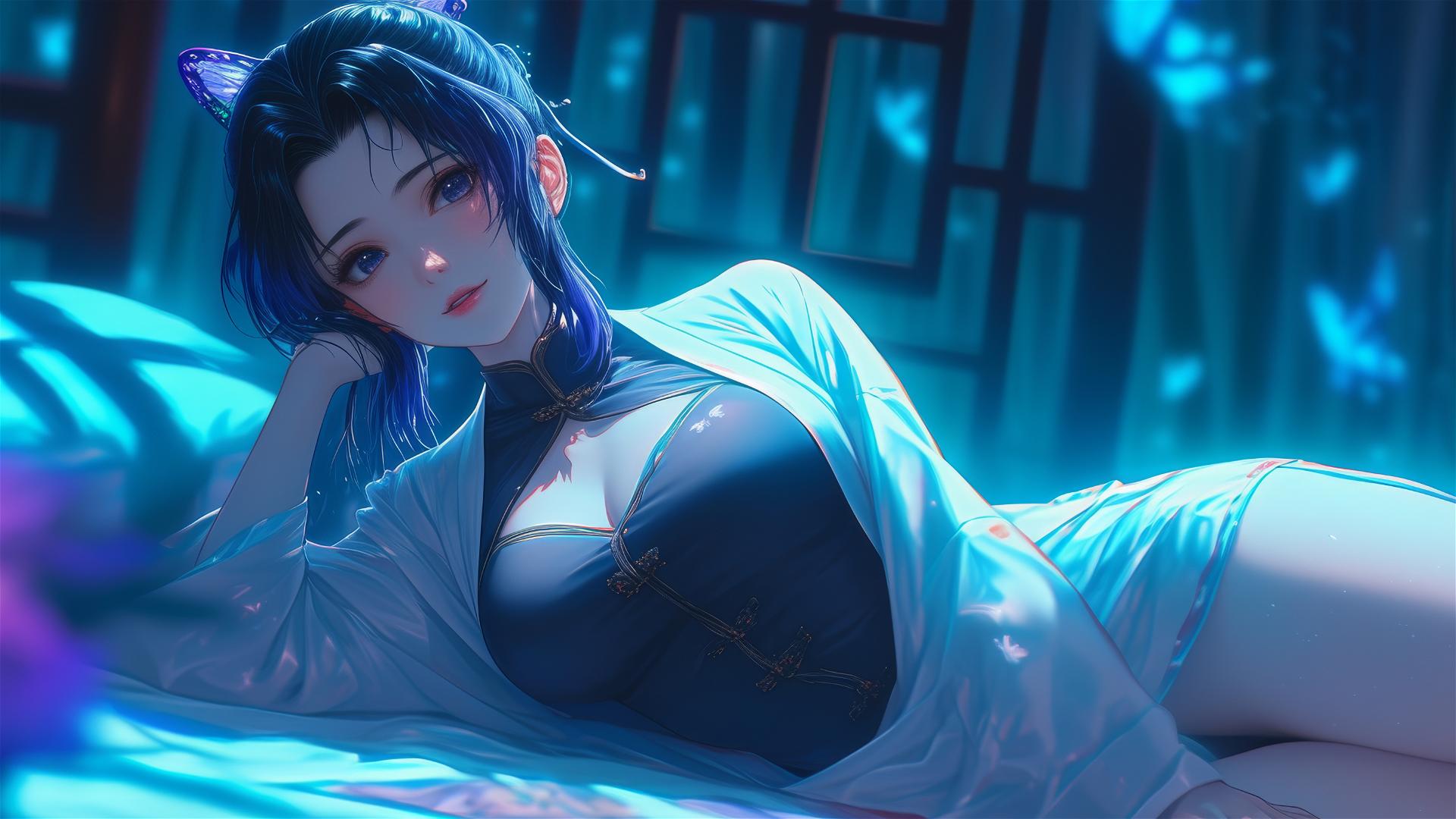 Shinobu Kocho from Demon Slayer in a neon-lit hotel room