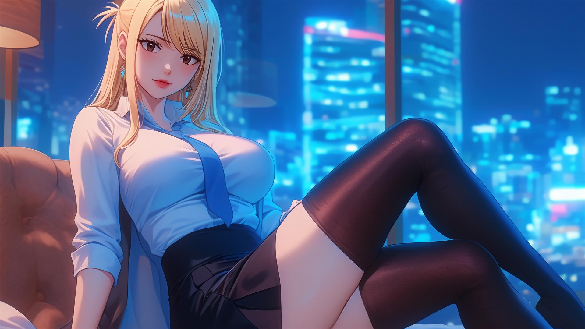 Lucy Heartfilia resting in a modern hotel room with moonlight glow