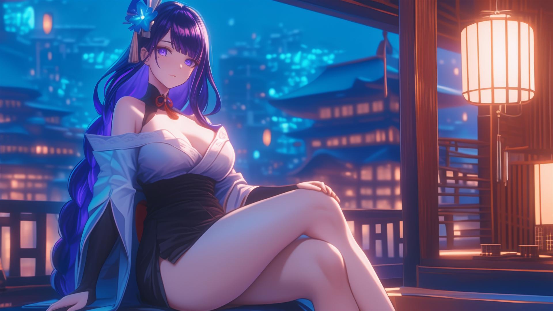 Raiden Shogun resting at modern hotel, moonlight glow, purple hair and eyes
