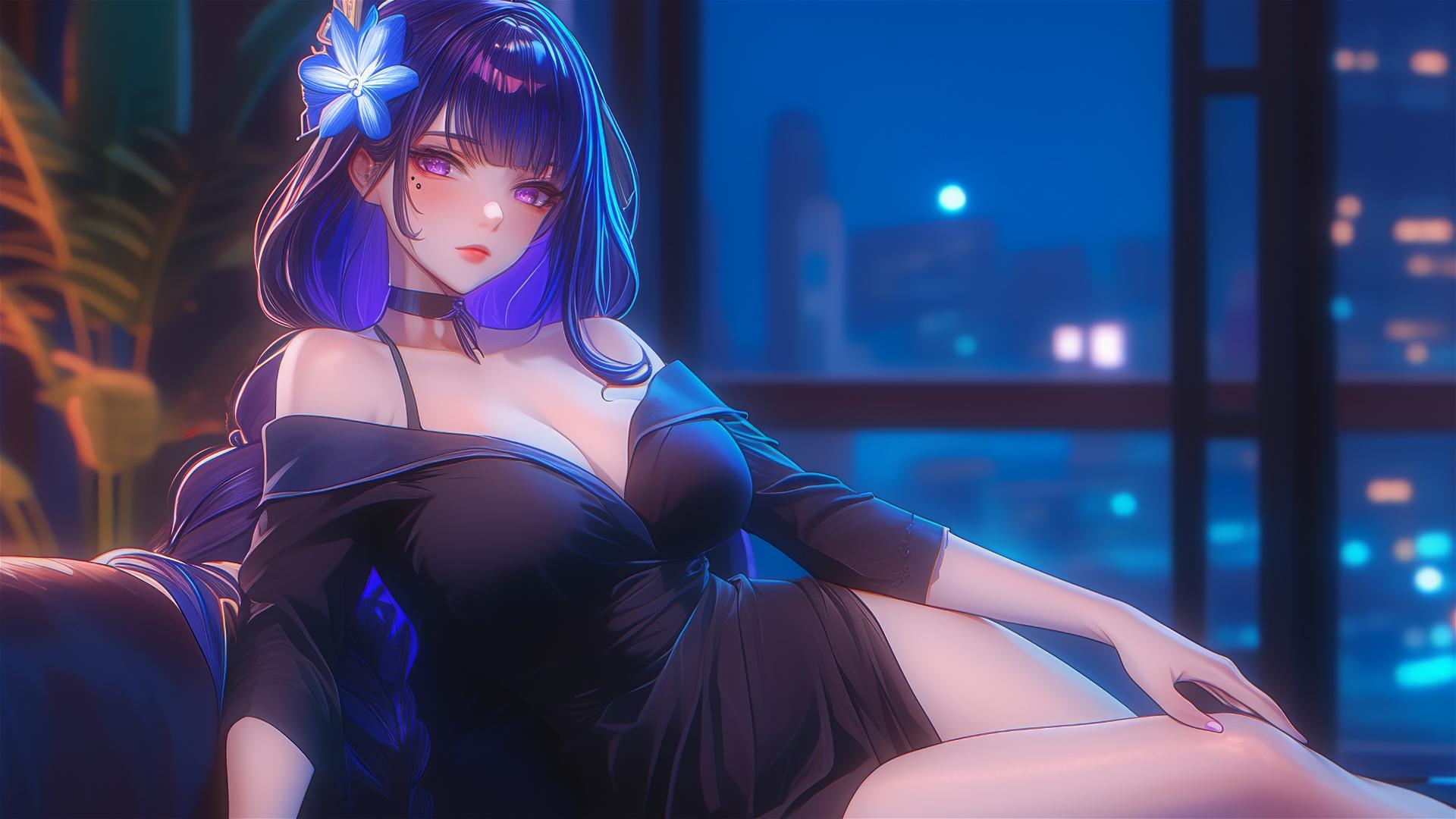 Raiden Shogun resting at modern hotel, moonlight glow, purple hair and eyes