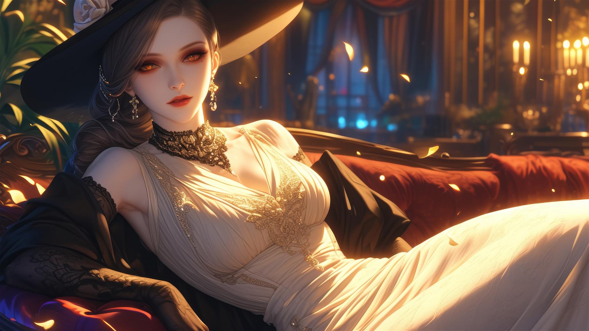 Lady Dimitrescu resting on a modern hotel bed under moonlight