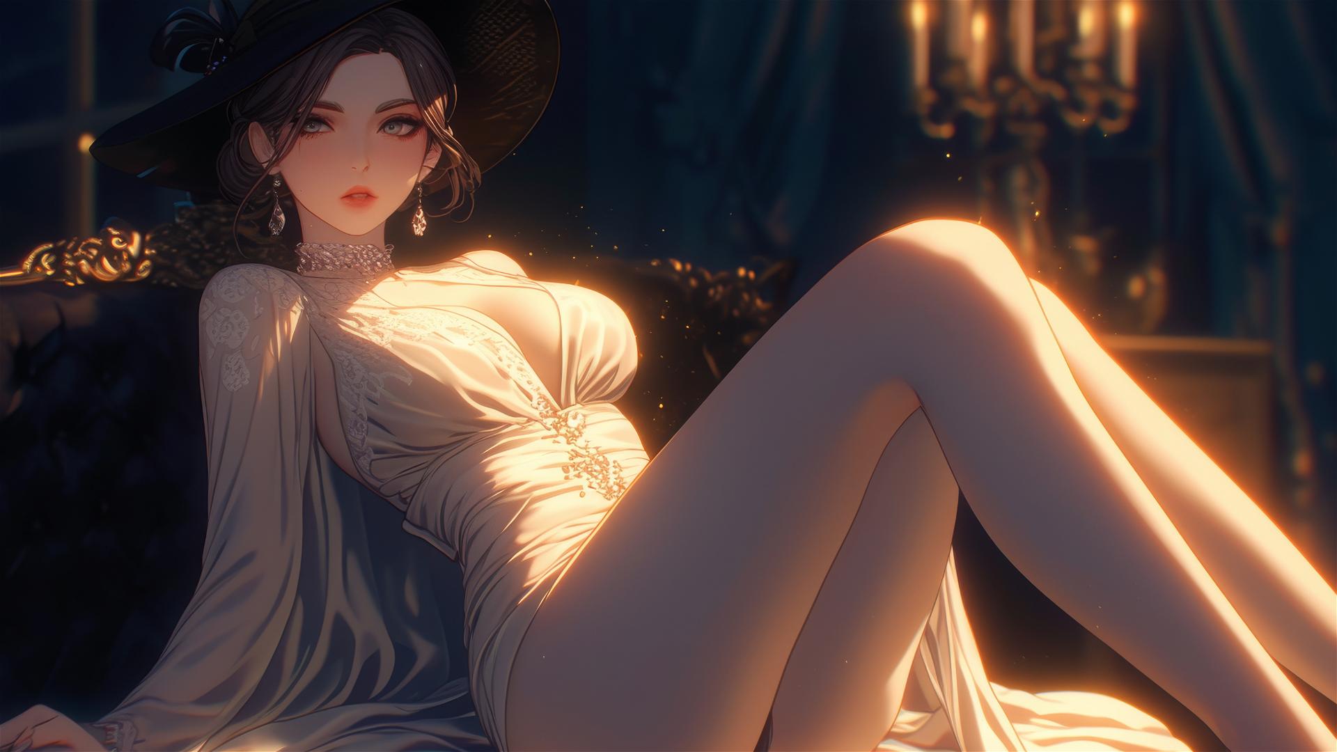 Lady Dimitrescu resting on a modern hotel bed with moonlight glow