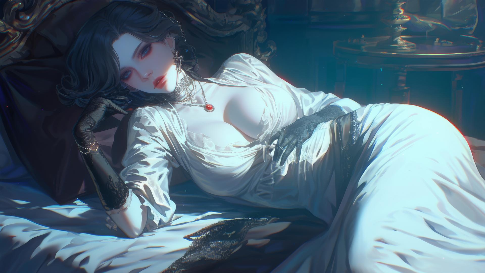Lady Dimitrescu resting on modern hotel bed under moonlight with gothic elegance.