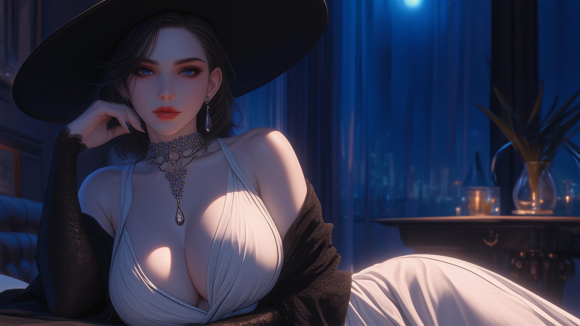 Lady Dimitrescu in a modern hotel bed with moonlight glow